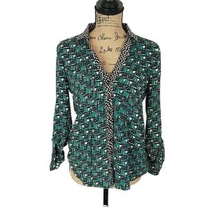 Maeve Womens sz 0 Top Green Geometric Button Up V Neck Roll Tab Sleeve Collared